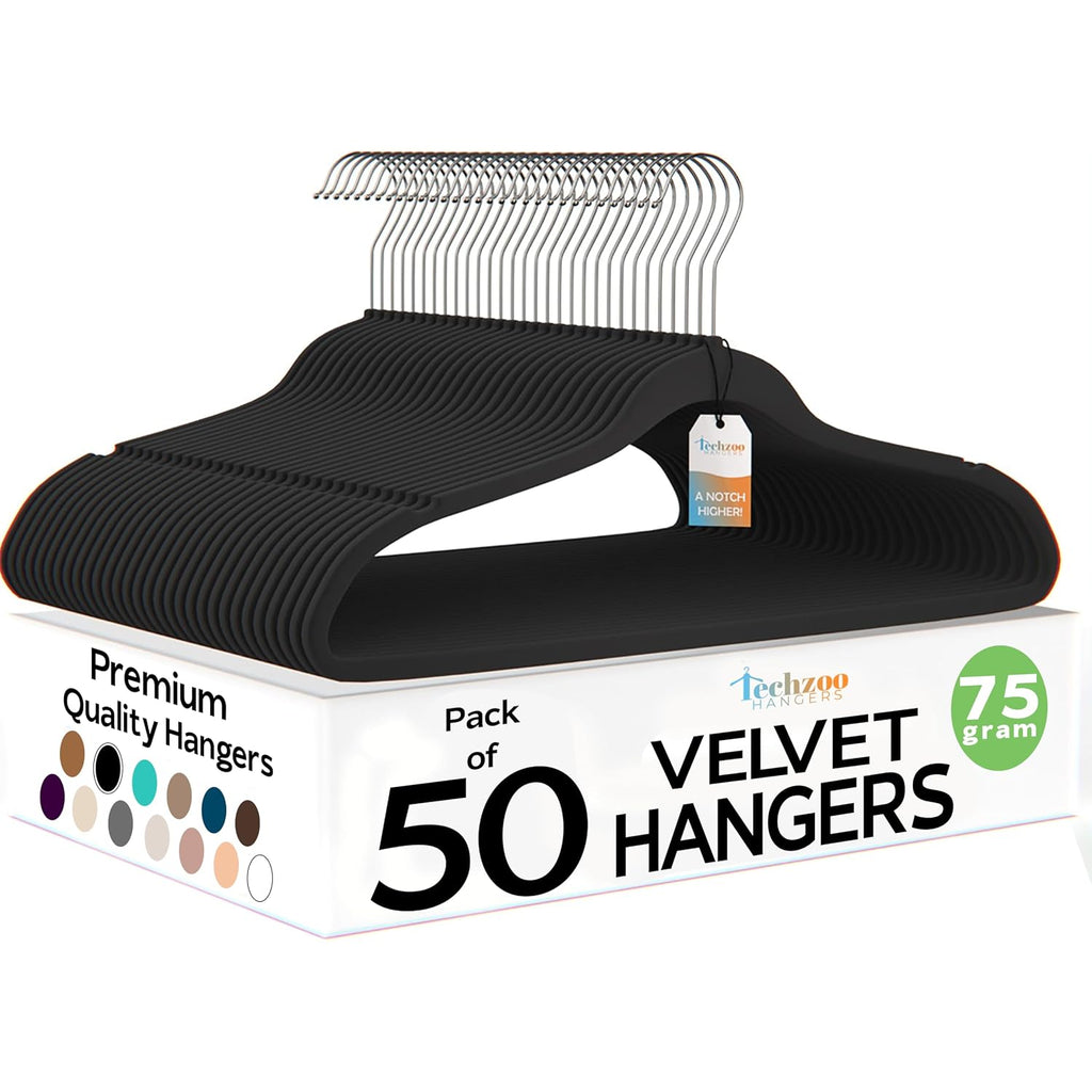 50 Pack New Premium Quality Velvet Hangers Ultra Thin Non Slip Adult Felt Space Saving Hangers For Closet Heavy Duty Coat Pants Jackets Dress Hangers 360° Swivel Hook Hold Upto 10 Lbs Black