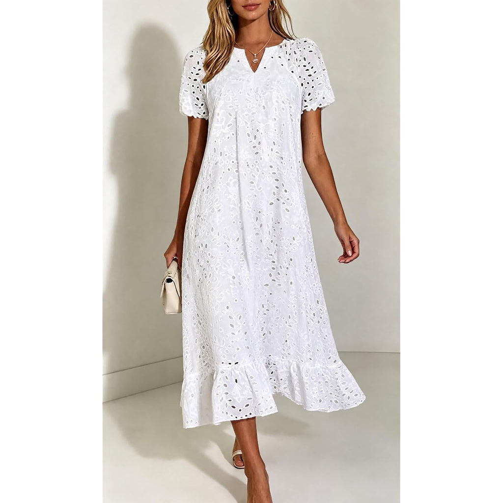 Chouyatou Women Summer Ruffle Hem Floral Lace Eyelet Dress Casual Notch Neck Midi Tunic Dress With Pocket