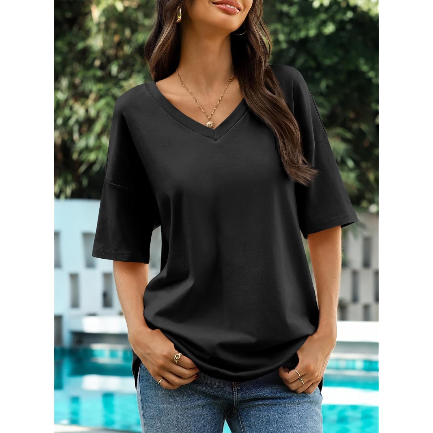 Womens Oversized Tshirts V Neck Tee Shirts Half Sleeve Loose Fit T Shirt Cotton Tunic Tops 2025