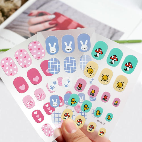 9 Sheets Self-Adhesive Colorful Nail Stickers, for Fun Nail Art Decoration, Sun Designs, Flower, Mushroom, Heart, Rabbit