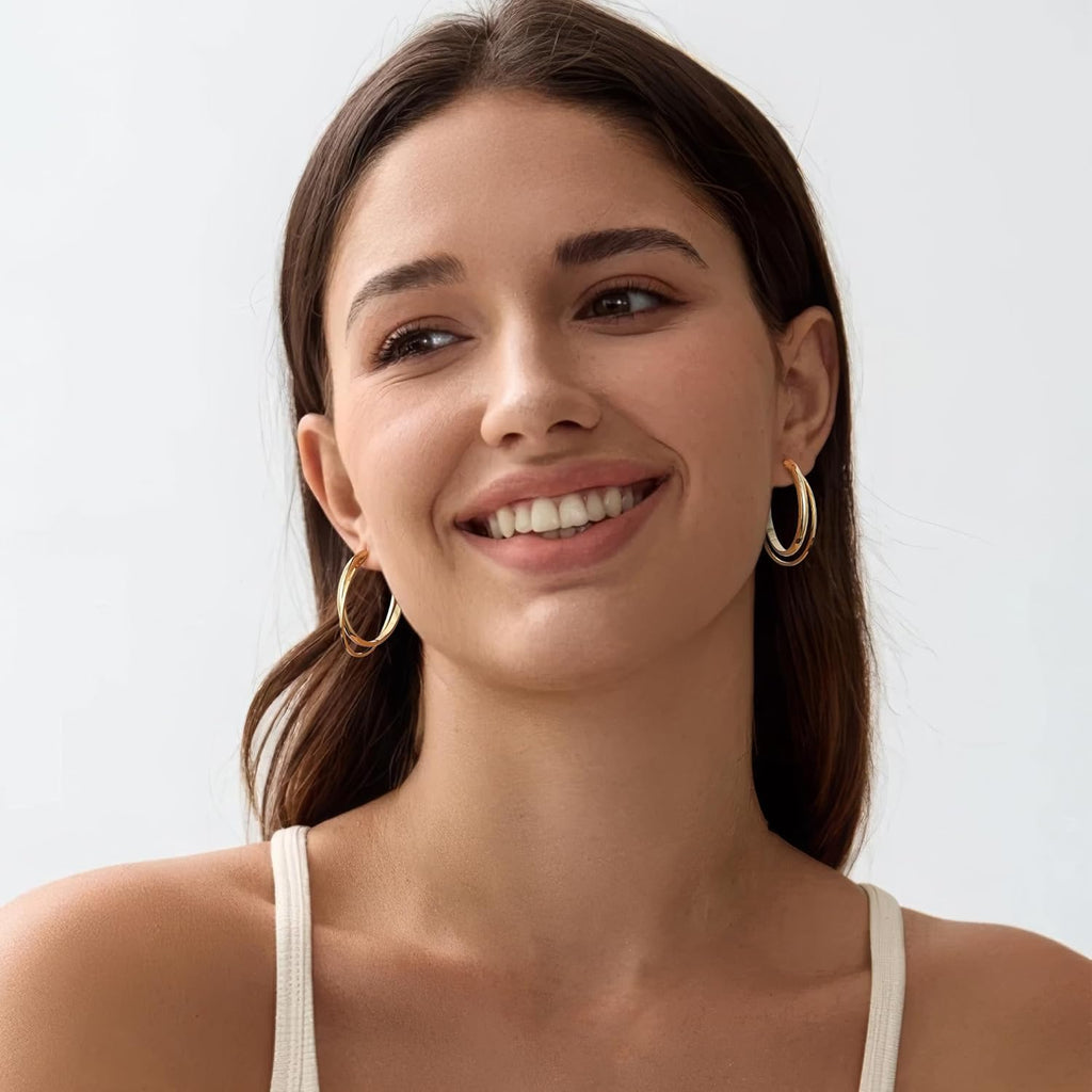 Gacimy 14K Gold Plated Criss Cross Hoop Earrings for Women, 3mm Wide Double Layer Flat Crossover Hoops, Lightweight X-Shape Statement Earrings