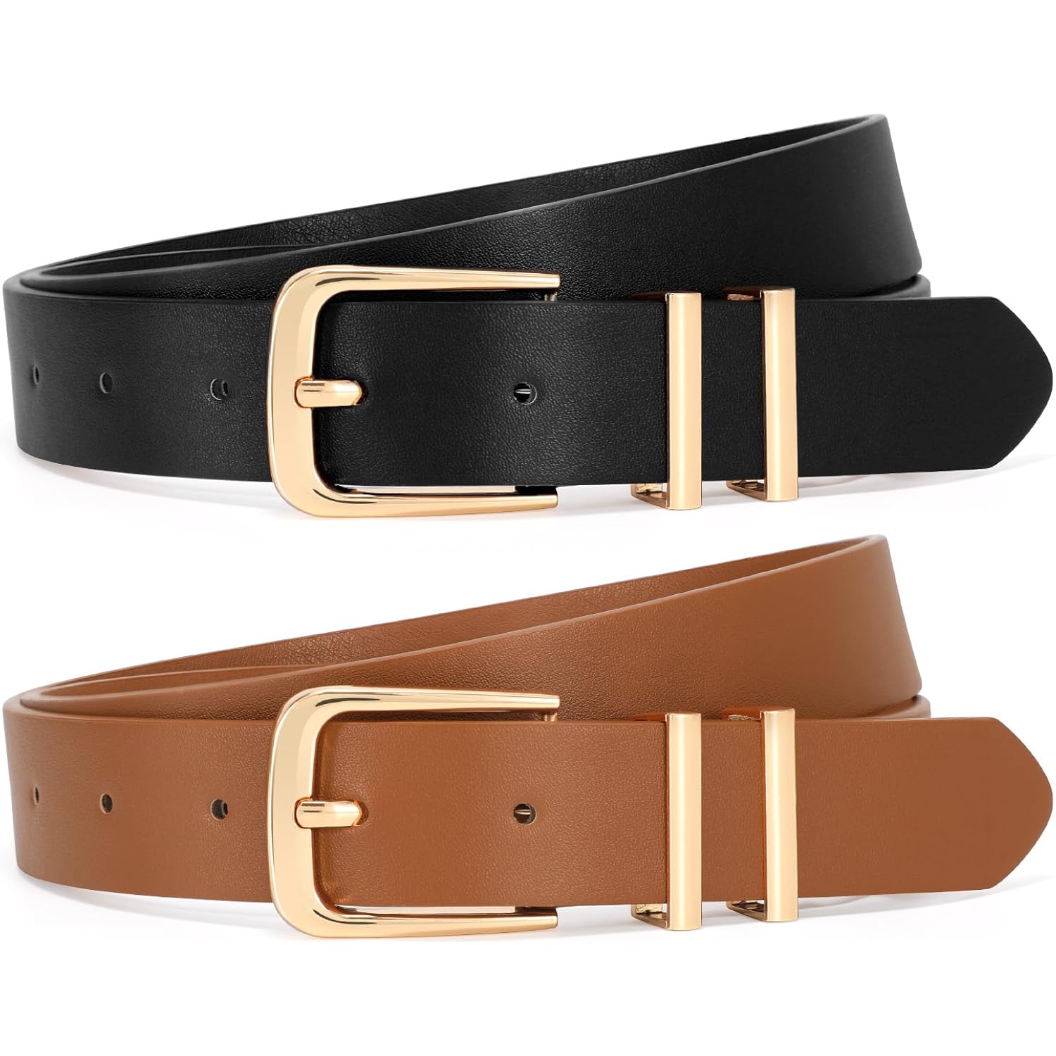 SANSTHS 2 Pack Women Belt for Jeans Pants, Simple Fashion Ladies Waist Belt with Gold Buckle, 1inch Width