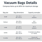 Amazon Basics Vacuum Storage Bags With Hand Pump For Travel, Space Saving Compression Bags For Clothes, Clothing, Blankets And Duvets, Clear, 20 Pack (5 Small, 5 Medium, 5 Large & 5 Jumbo)