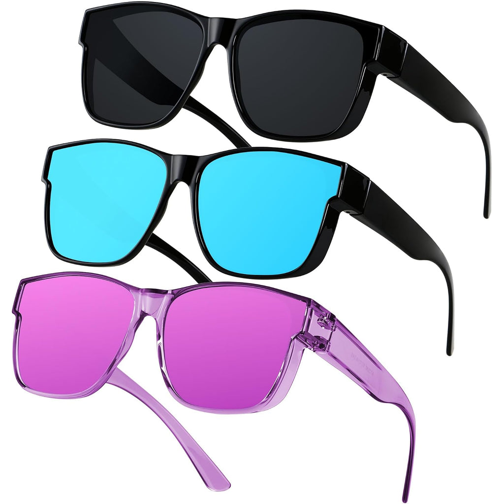 Fit Over Glasses Polarized Sunglasses for Women Men Oversized Square Shades UV400 Protection (3pack) Black + Mirror Blue + Mirror Purple