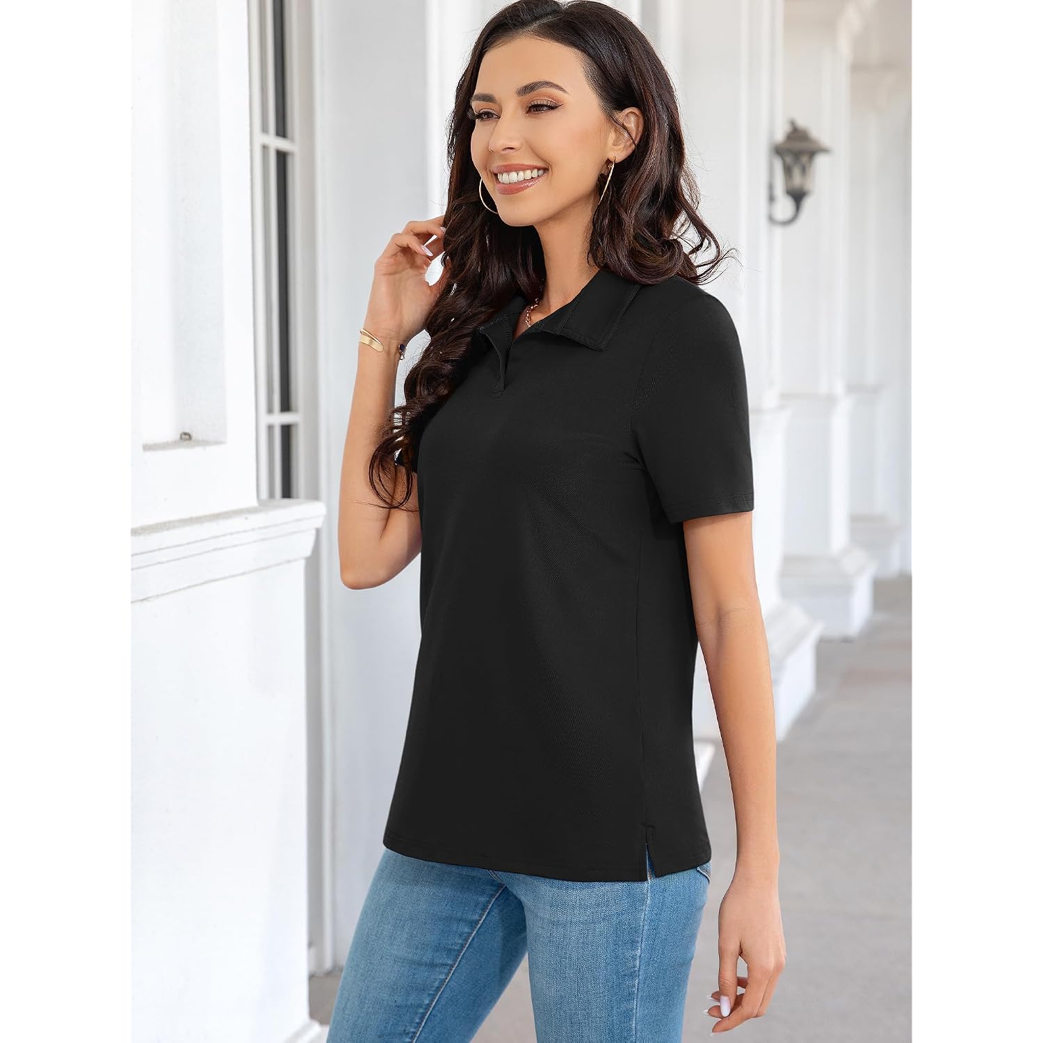 Polo Shirts For Women Business Casual Work Lapel Collared Tops V Neck Summer Golf Polos Tunic Blouse