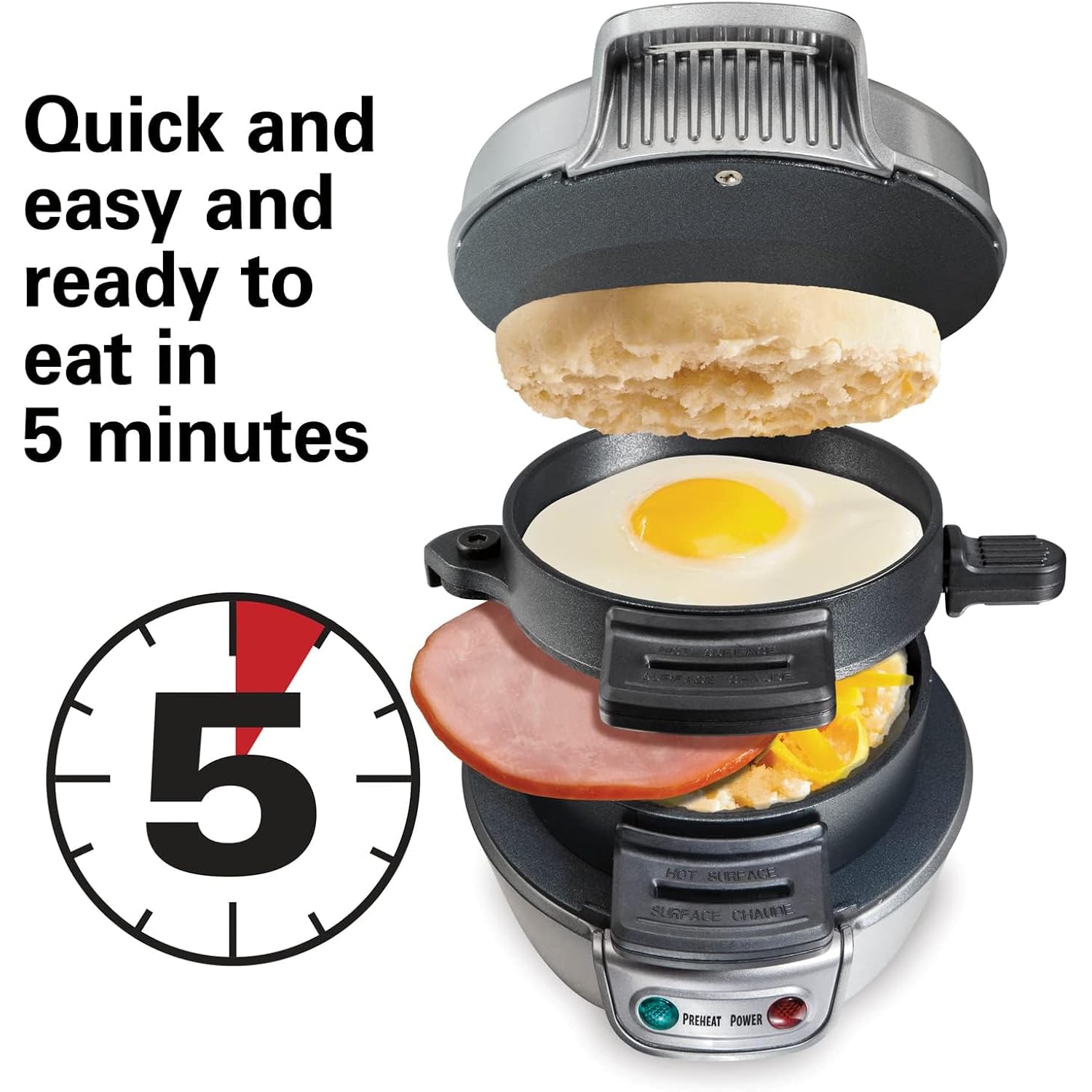 Hamilton Beach Breakfast Sandwich Maker with Egg Cooker Ring, Customize Ingredients, Perfect for English Muffins, Croissants, Mini Waffles, Perfect White Elephant Gifts, Silver (25475)
