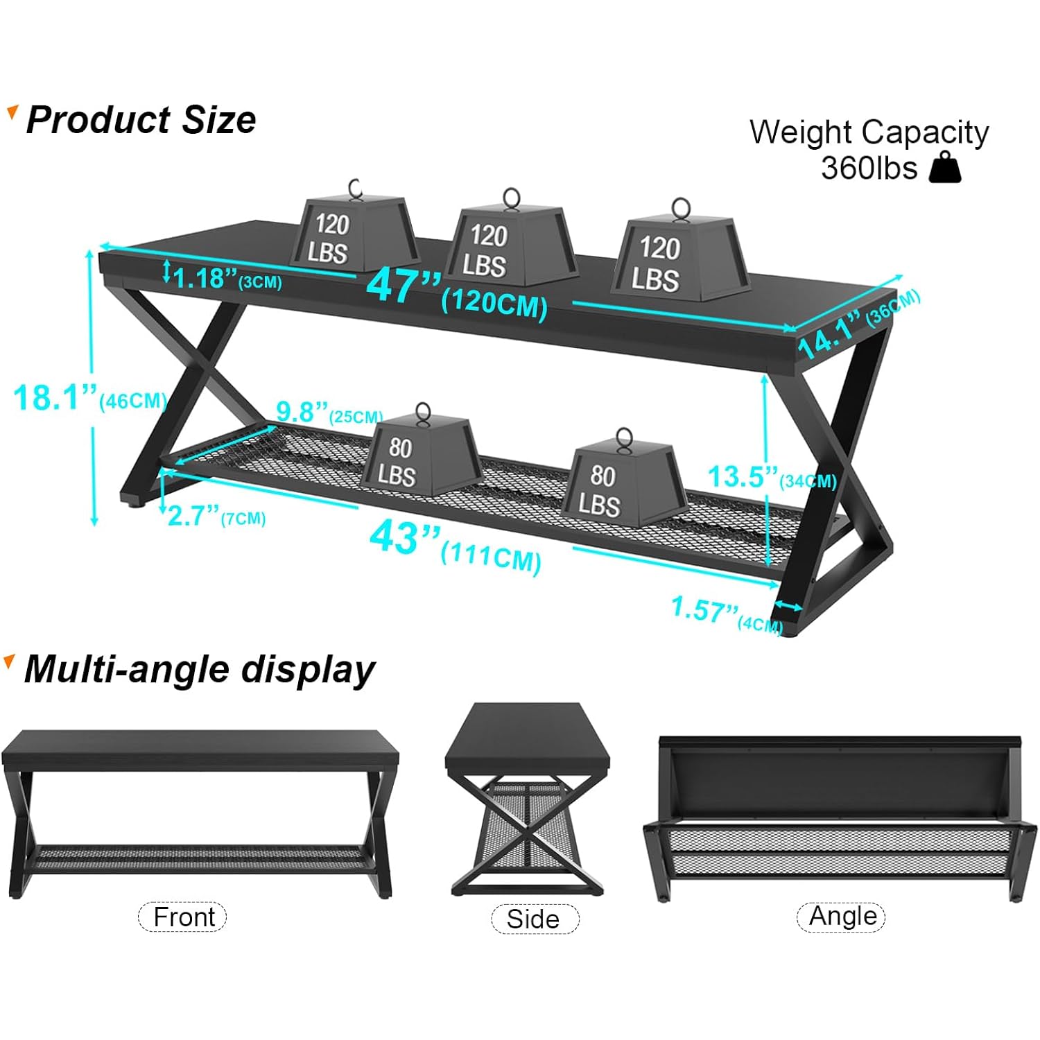 Lvb Black Bench, Industrial Entryway Bench With Storage, Indoor Wood And Metal Storage Bench For Living Room Bedroom, Accent Shoe Rack Seating Bench For Hallway Foyer Entrance, Black Oak, 47 Inch