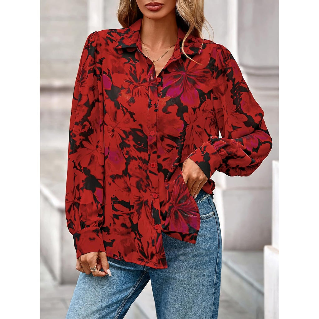 Women's Floral Blouses Dressy Casual V Neck Button Down Shirts Lantern Long Sleeve Boho Chiffon Spring Tops 2026