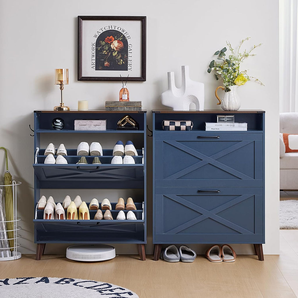Joaxswe Shoe Cabinet Storage For Entryway With 2 Flip Drawers 2 Hook Open Storage Layer Rack Narrow Organizer Slim Hidden Wood Shoe Cabinet Furniture Dark Blue