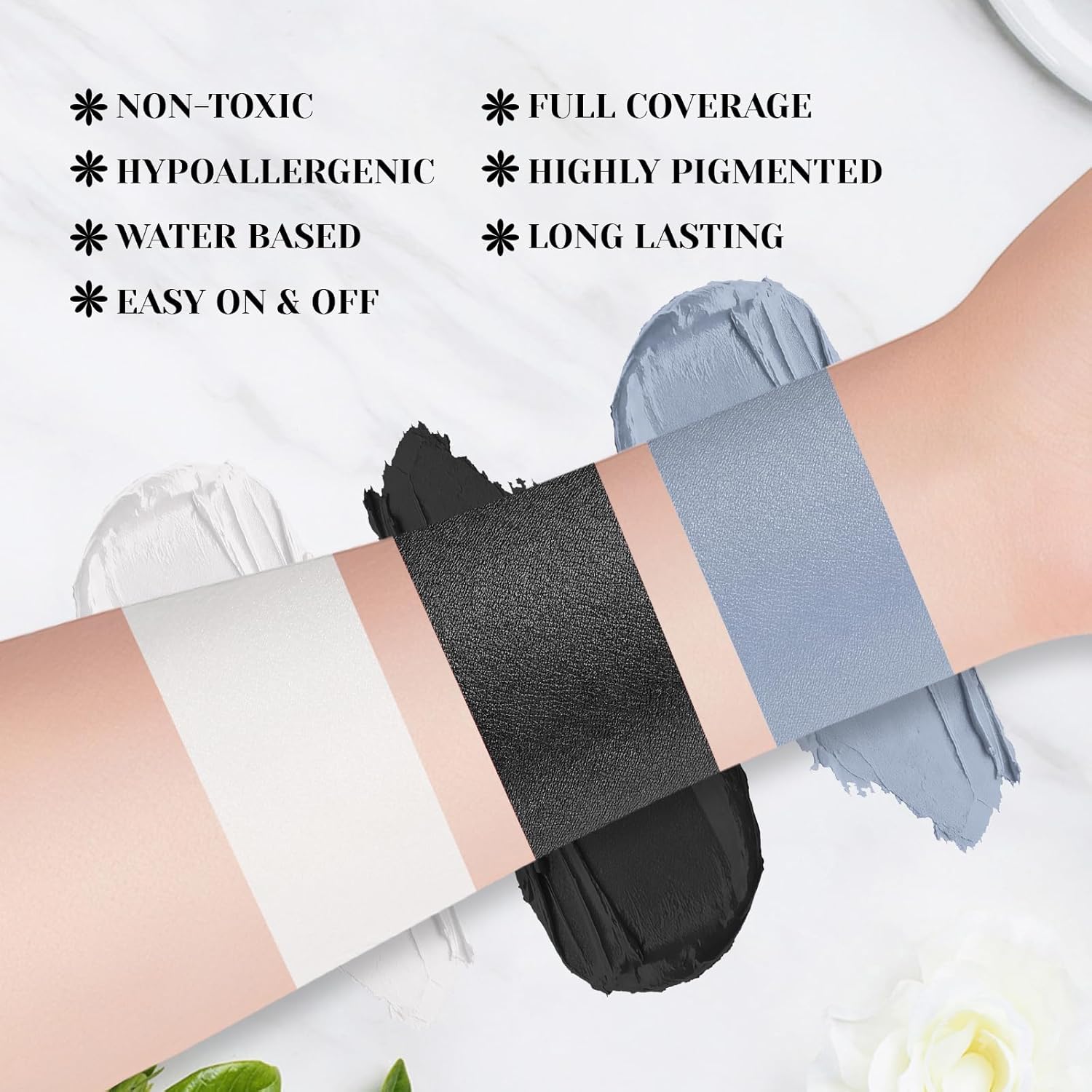 YBUETE Black White Grey Face Body Paint Stick Set with Translucent Setting Powder and 3 Sponges, Professional Full Coverage Face Painting for Adults Halloween Cosplay SFX Skeleton Monster Makeup