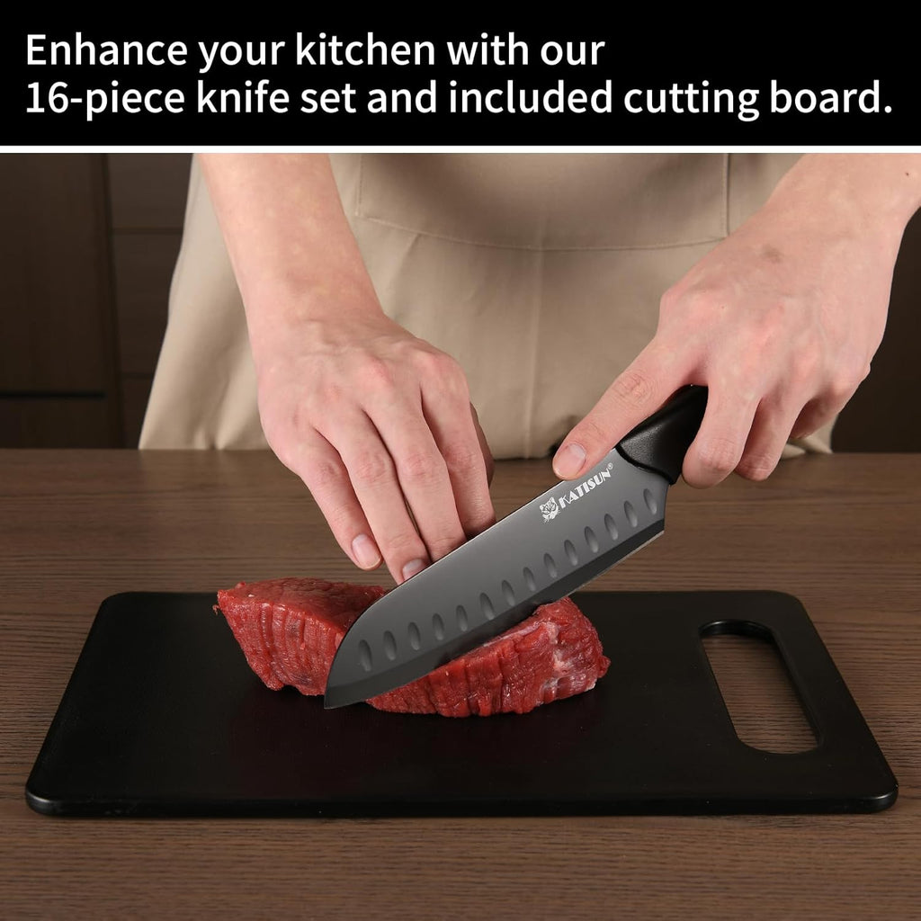 16 Piece Kitchen Knife Set with Block & Cutting Board, German Stainless Steel Knife Set with Heat-Sealed Over-molded Handles, Dishwasher Safe & Anti-Flaking Non-Stick Coating, Black