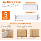 Lifewit 5 Pack Upgrade Drawer Dividers For Clothes, 4" High 11"-17" Adjustable Dresser Drawer Organizers, Expandable White Plastic Drawer Separators For Kitchen, Nursery, Office Organization & Storage
