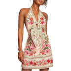 Roseseek Women'S Tropical Floral Backless Halter Dresses Cut Out Knot Front Sleeveless Vacation Short Dress