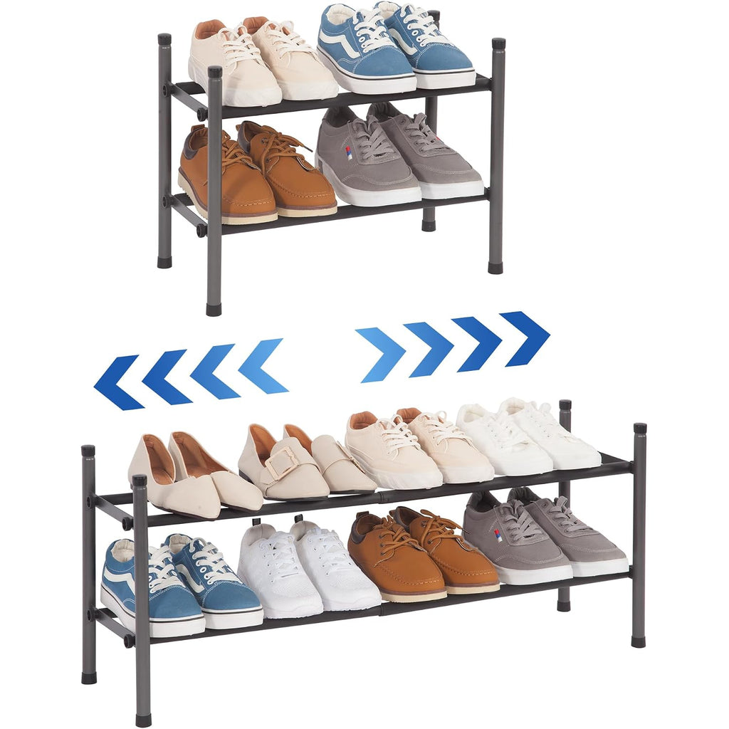 Storage Maniac Expandable Shoe Rack For Closet, 8 Pairs Stackable Small Shoe Rack, Metal Adjustable Shoes Organizer For Entryway, Hallway, Garage, Front Door, Shoes Shelves, Black 2 Tier