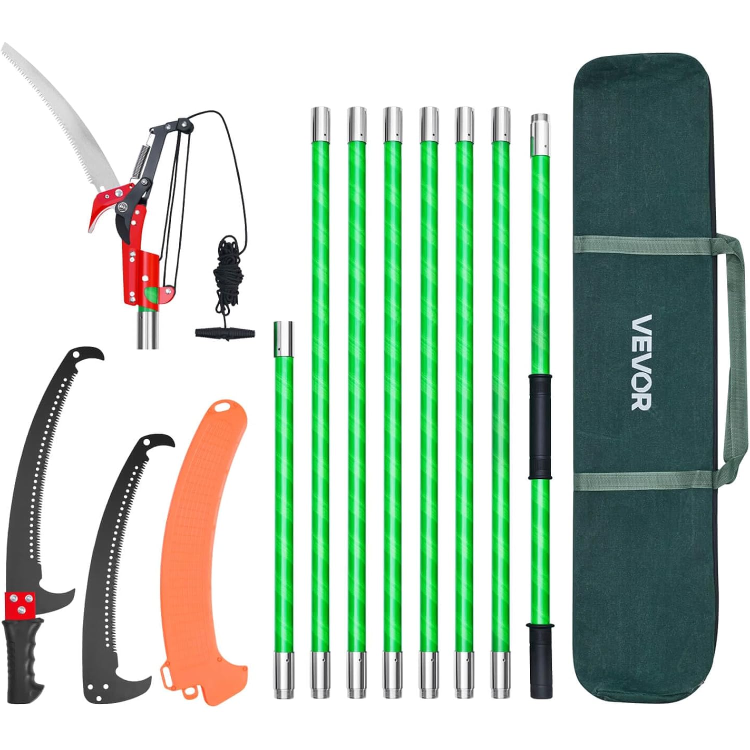 Vevor Manual Pole Saw, 3.87-27 Ft Extendable Pole Tree Pruner With Scissors, Sharp 65Mn Steel Blade, Lightweight Fiberglass Handle Pole, For High Branch Trimming, Pruning Tool For Palms And Shrubs