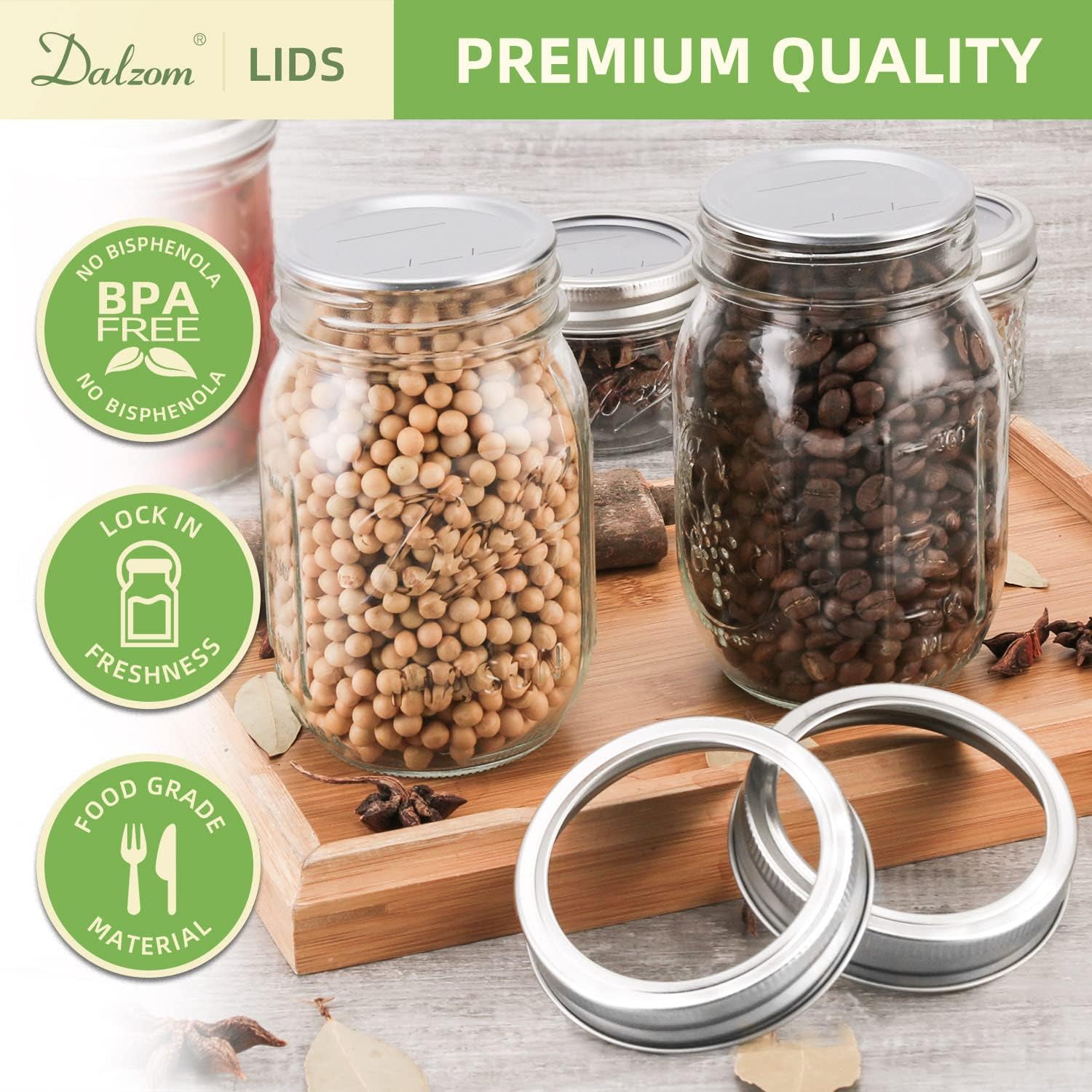 Dalzom® 24Pcs Canning Lids with 24Pcs Rings Regular Mouth, Premium Mason Jar Lids with Bands/Rings for Ball, Kerr Jars - Food Grade Material, 100% Fit & Airtight for Regular Mouth Mason Jars