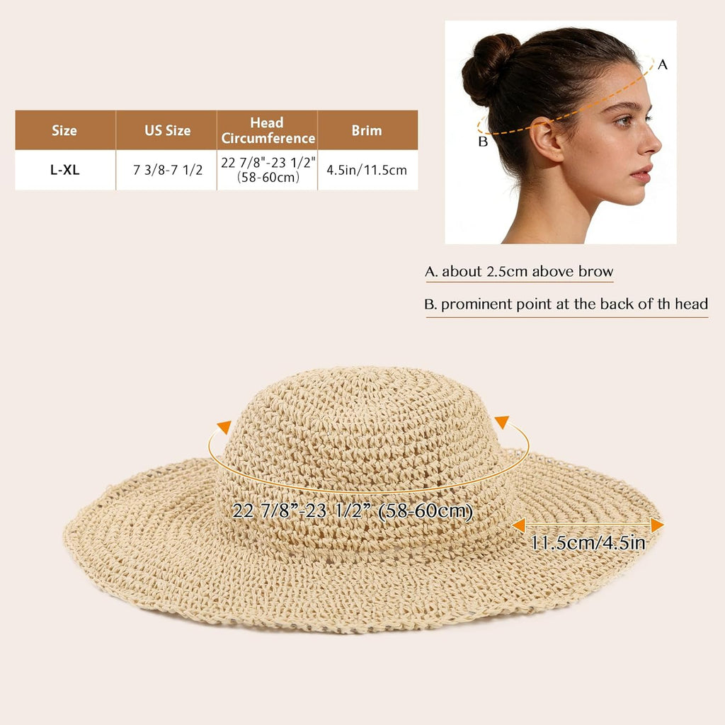 Oweisong Sun Hats for Women Wide Brim Floppy Beach Hats Packable Boho Crochet Straw Hat for Summer Vacation Travel