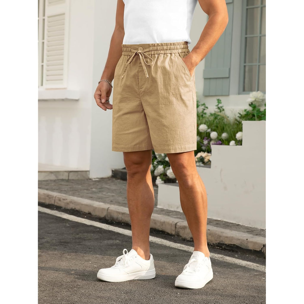 Rqp Mens Cotton Linen Shorts Casual Drawstring 7Inch Inseam Shorts Stretch Summer Beach Wear