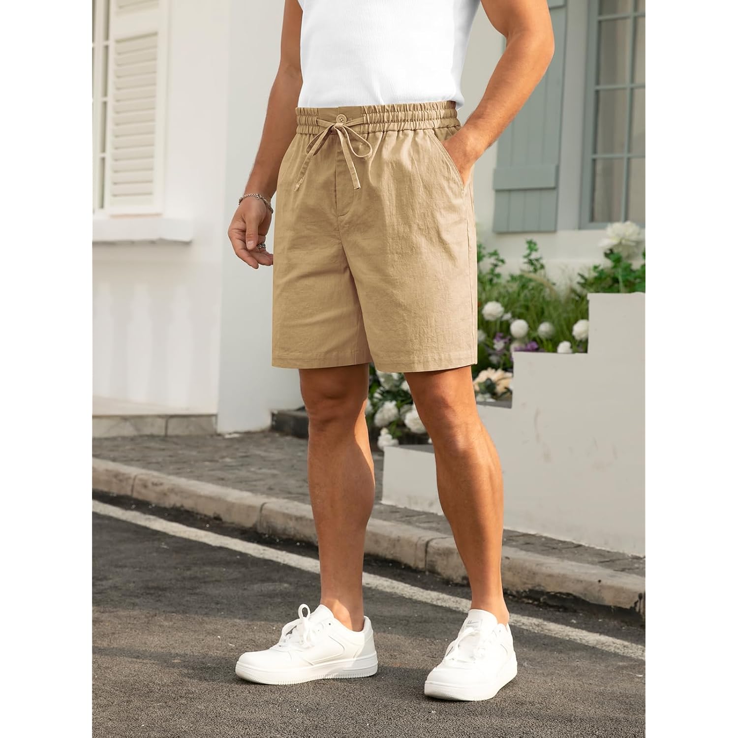 Rqp Mens Cotton Linen Shorts Casual Drawstring 7Inch Inseam Shorts Stretch Summer Beach Wear