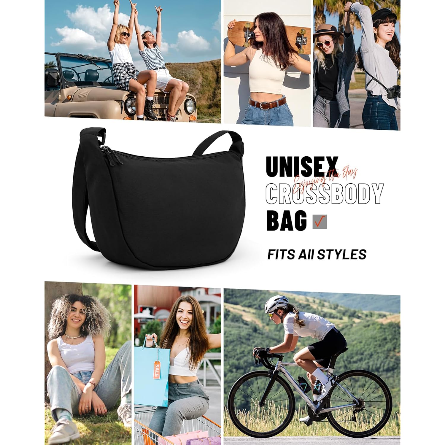 Crossbody Sling Bag for Women Men Trendy, Crescent Bag with Adjustable Strap, 2 Zippers Lightweight
