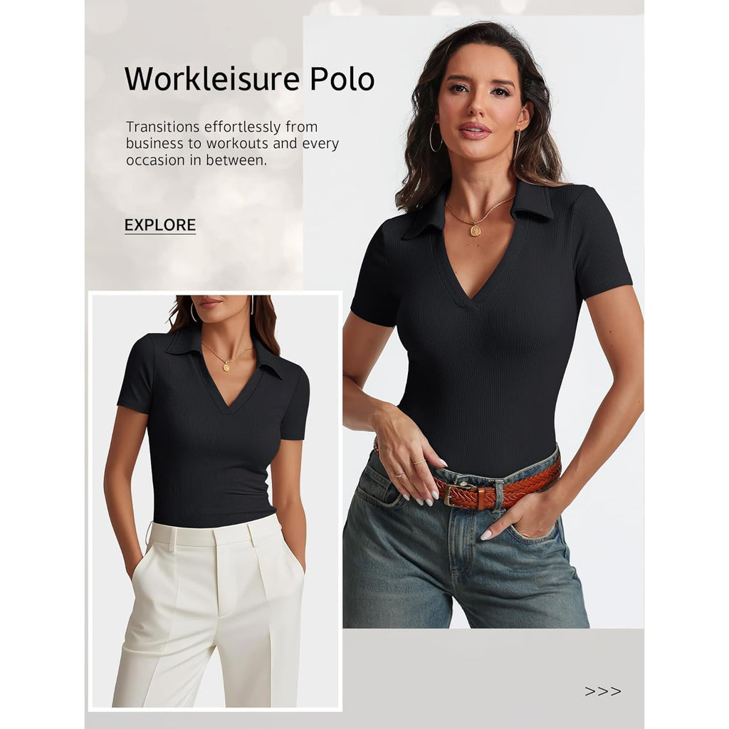 Womens Short Sleeve Work Shirts Summer V Neck Business Casual Polo Tops 2026 Fitted Basic Office Blouses