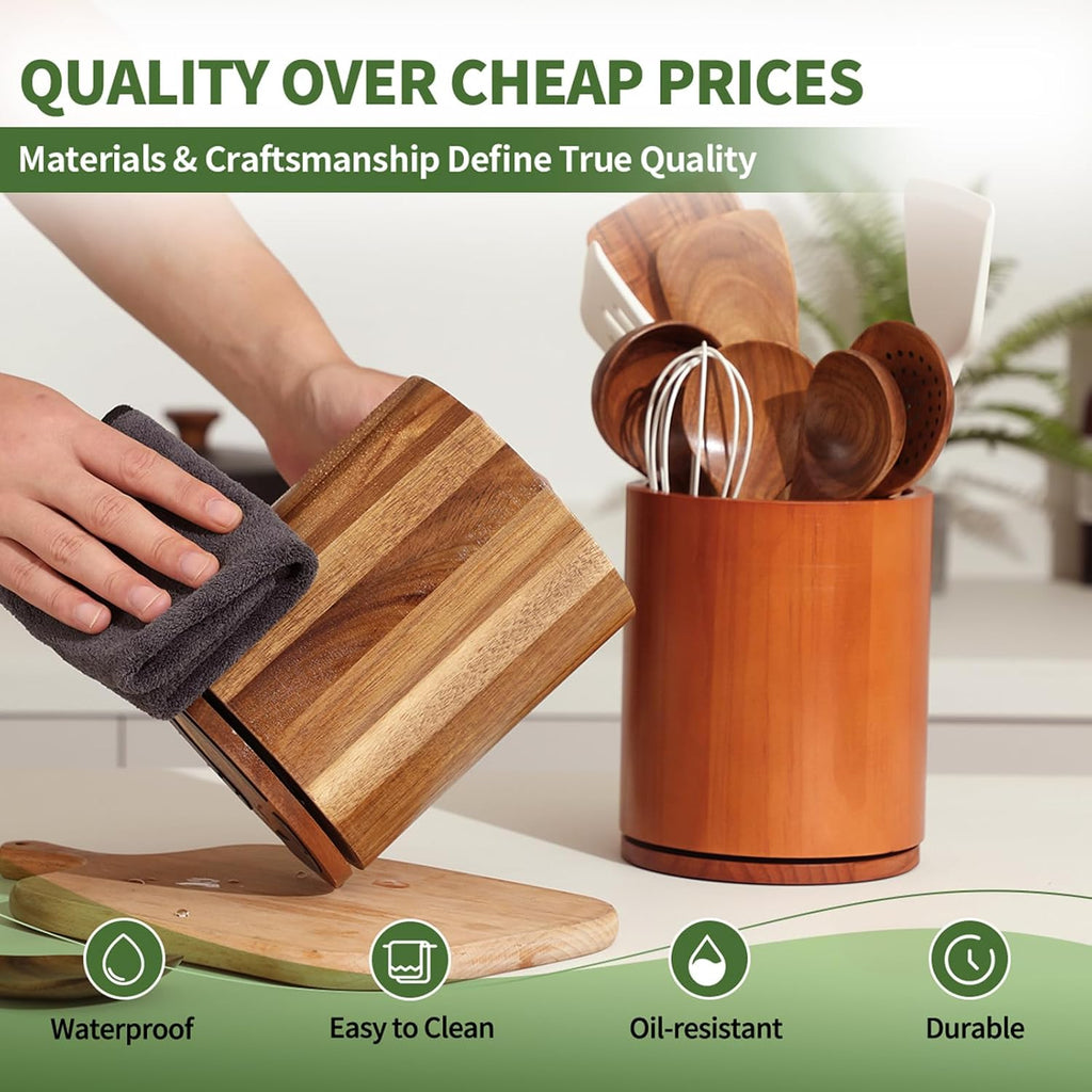 Wooden Utensil Holder, 360°Rotating 7.3'' Large Utensil Holder For Kitchen Counter, Kitchen Utensil Organizer, Utensil Crock, Farmhouse Kitchens Countertop Decor, Acacia Wood