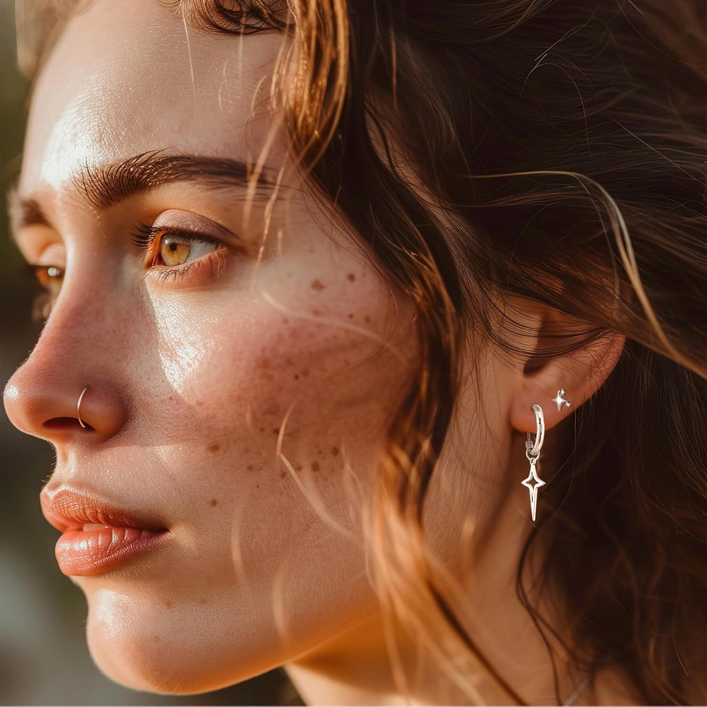 Quelay 8 Pairs Dangle Hoop Earrings for Men Women Punk Y2k Goth Gothic Tassel Chain Drop Star Moon Stud Huggie Earrings Gift
