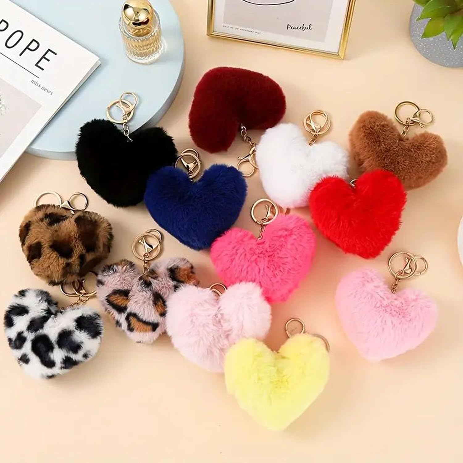 Artificial Faux Rabbit Fur Keychain Fluffy Heart Plush Pom Charm Key Chain Purse Handbag for Women