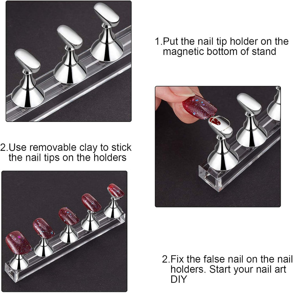 Blulu 2 Sets Nail Stand Press on Nail Holder Magnetic Fake Nails Holder Acrylic Nails Display Practice for Painting Art for False Fingernail Manicure Tool Home DIY Salon Supplies(Silver)