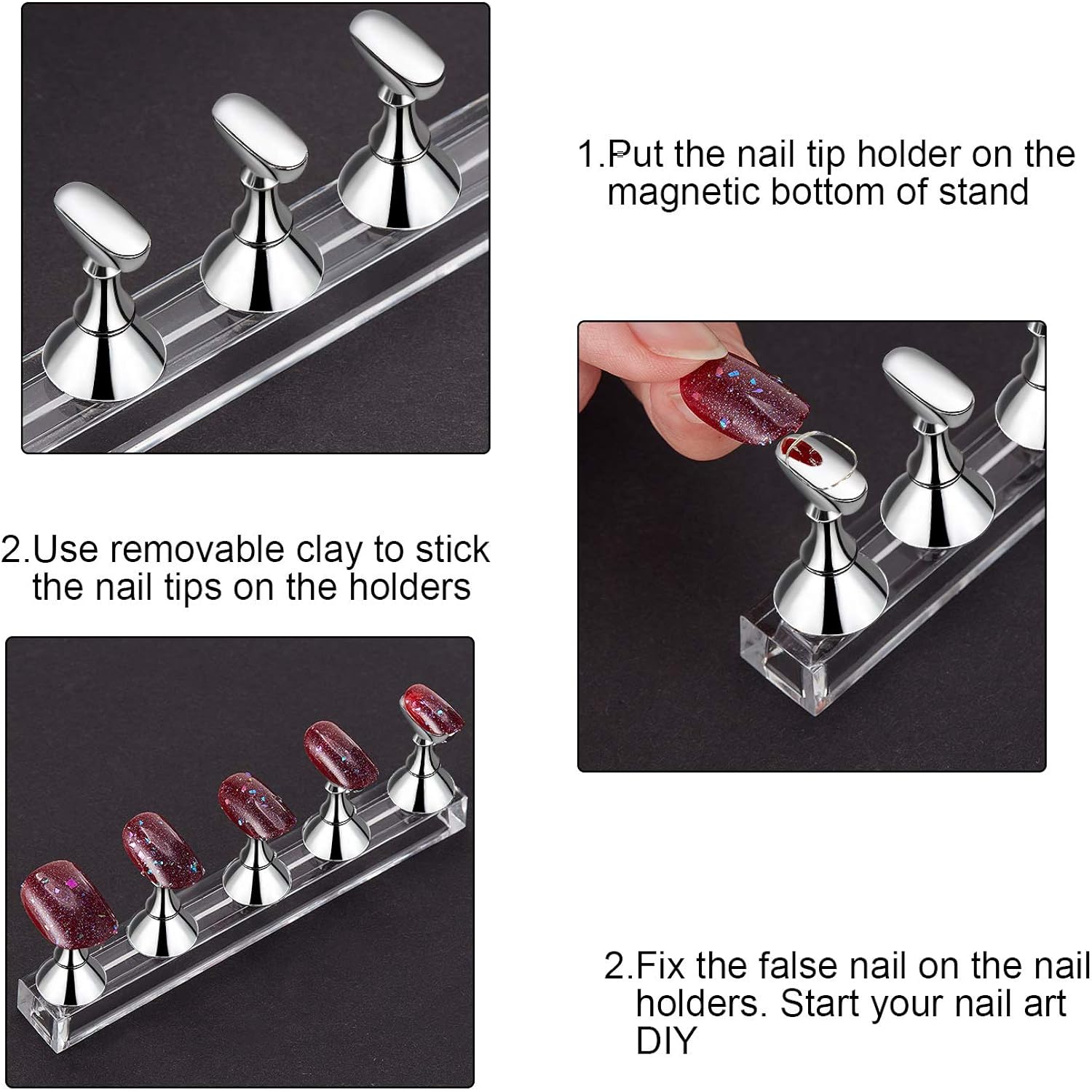 Blulu 2 Sets Nail Stand Press on Nail Holder Magnetic Fake Nails Holder Acrylic Nails Display Practice for Painting Art for False Fingernail Manicure Tool Home DIY Salon Supplies(Silver)