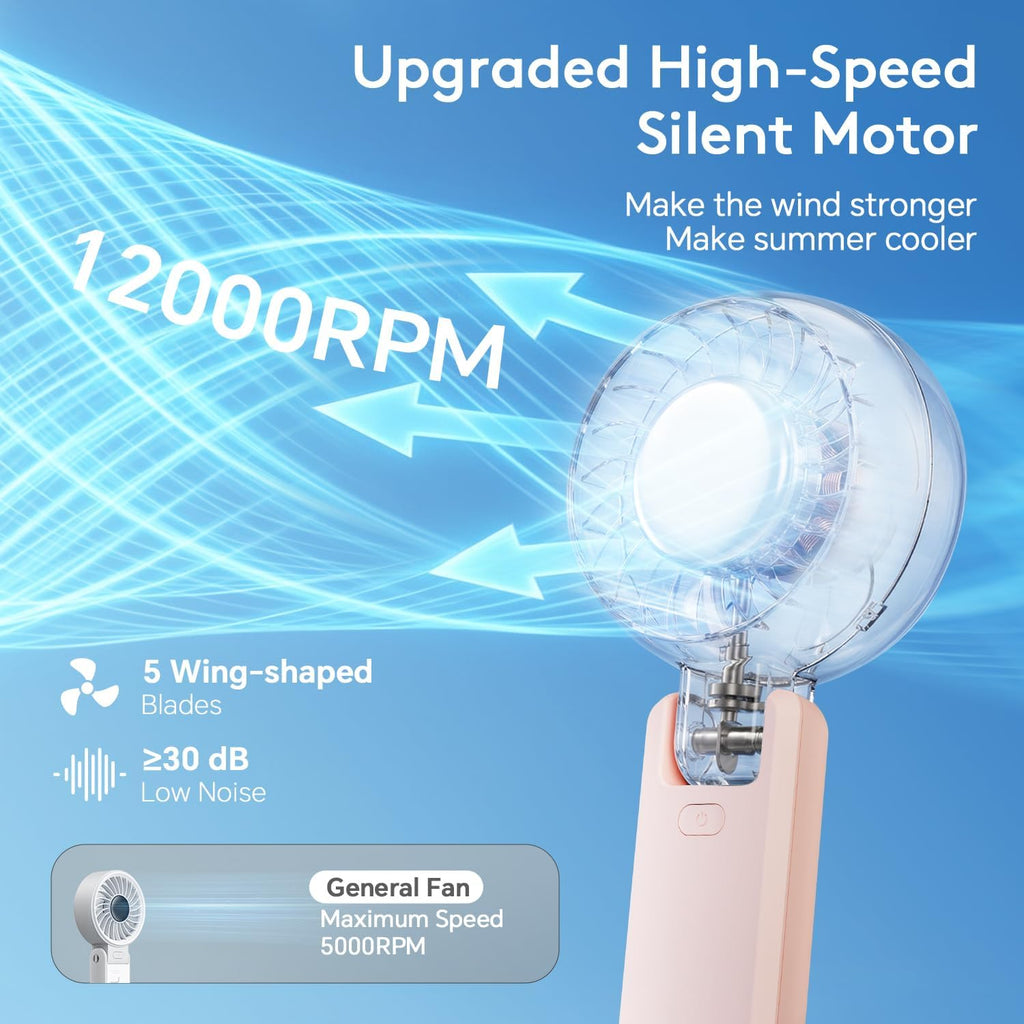 Zozoo Portable Handheld Fan, 5 Gear High Speed, Rechargeable Mini Personal Hand Fan, Up To 14 Working Hours, 3 In 1 For Travel, Beach Vacation, Camping, Gifts For Women, (Pink)