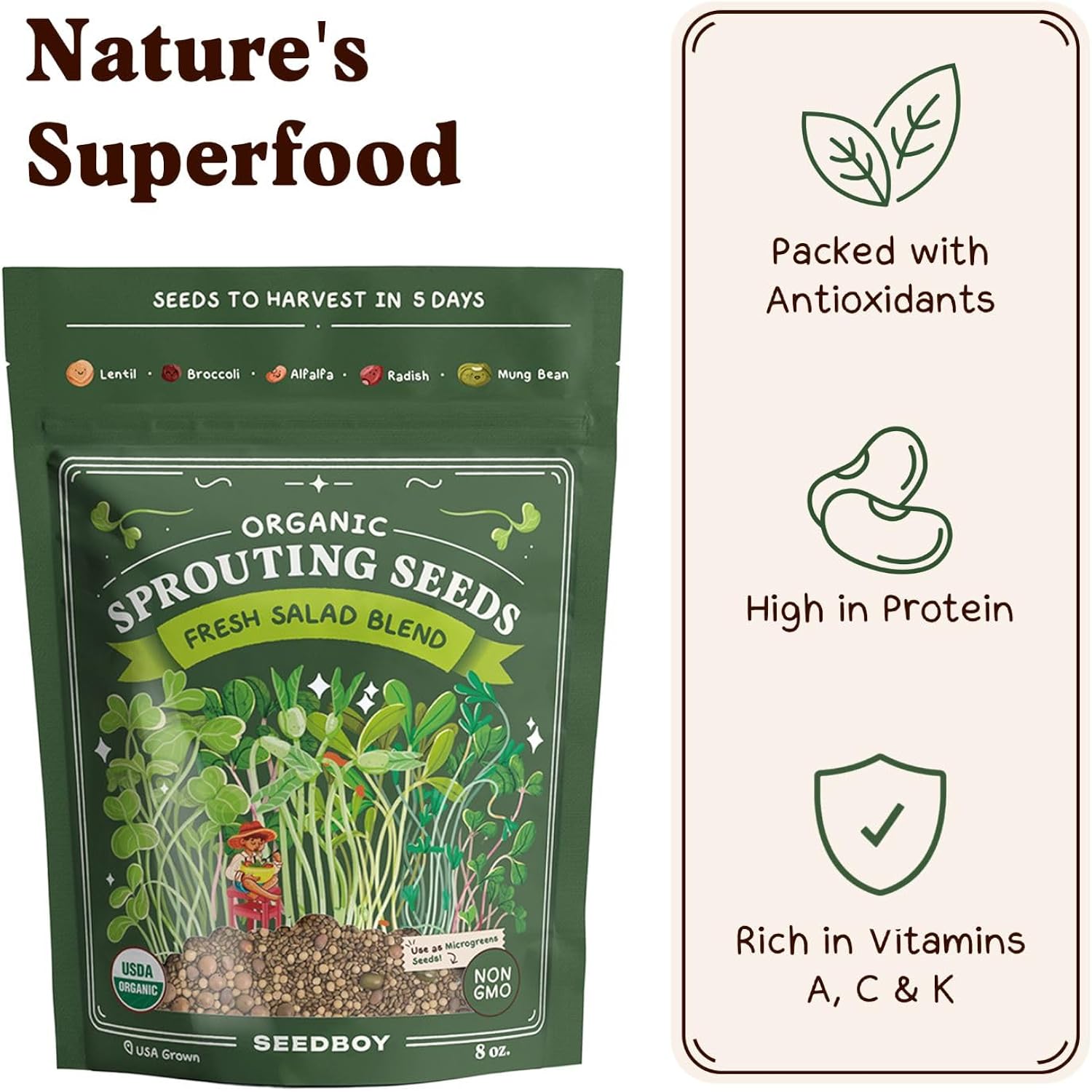 Organic Non-Gmo Sprouting Seeds, Fresh Salad Blend - Usa Grown Microgreens Mix With Alfalfa, Broccoli, Radish, Mung Bean & Lentil - 8 Oz Bag Makes 8 Quarts / 32 Servings (Salad Blend)