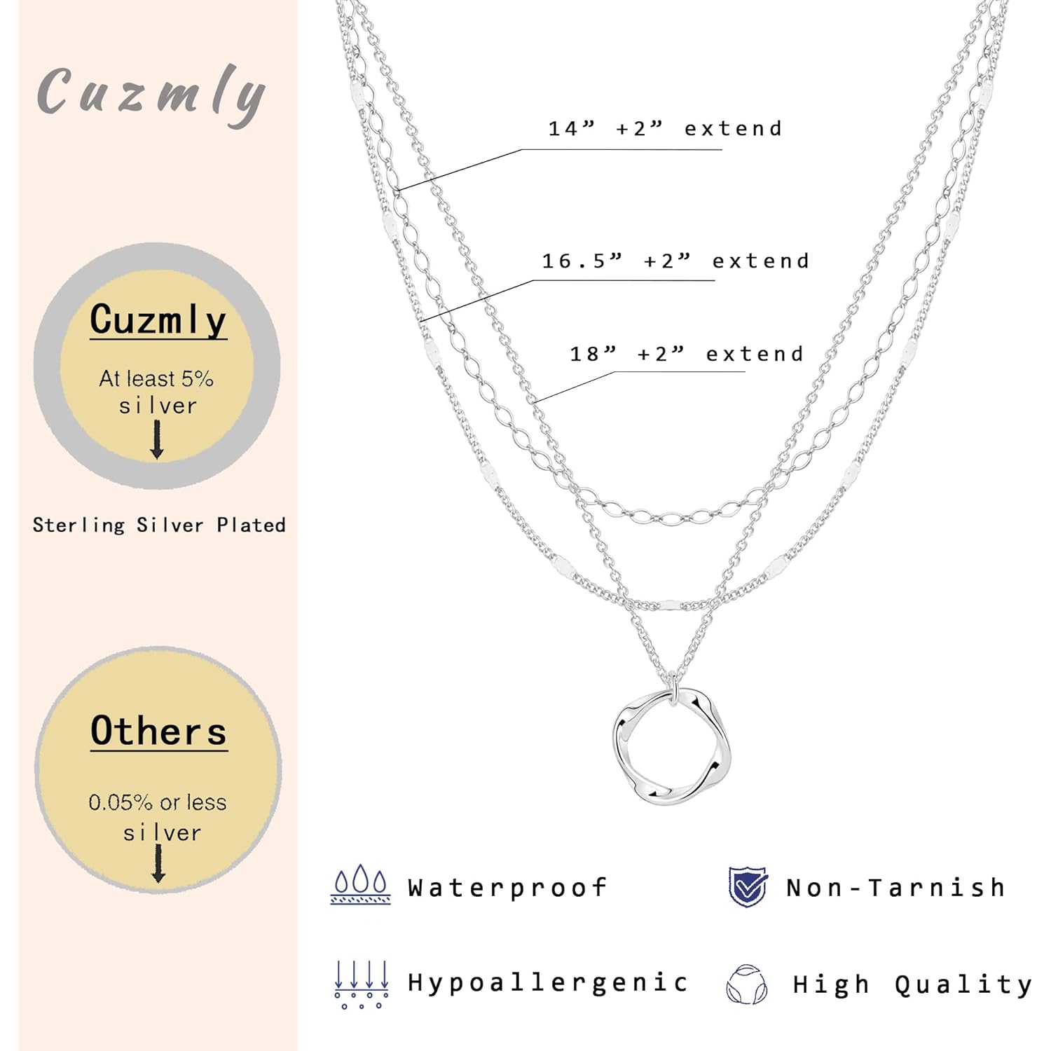 Cuzmly Layered Silver Necklaces for Women, Sterling Silver Stackable Stack Choker Necklaces for Women Trendy Layering Circle Pendant Chain Necklace Set Jewelry for Women