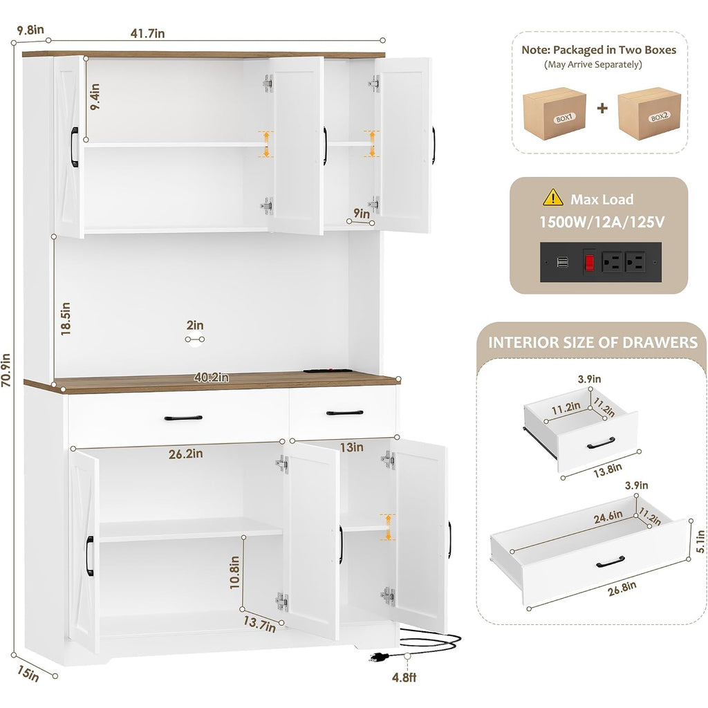 Hostack 71"H Kitchen Pantry Storage Cabinet, Farmhouse Hutch Cabinet, White | Space-Saving Pantry Cabinet With Charging Station & 2 Large Drawers & Adjustable Shelves, Tall Kitchen Hutch For Dining Room