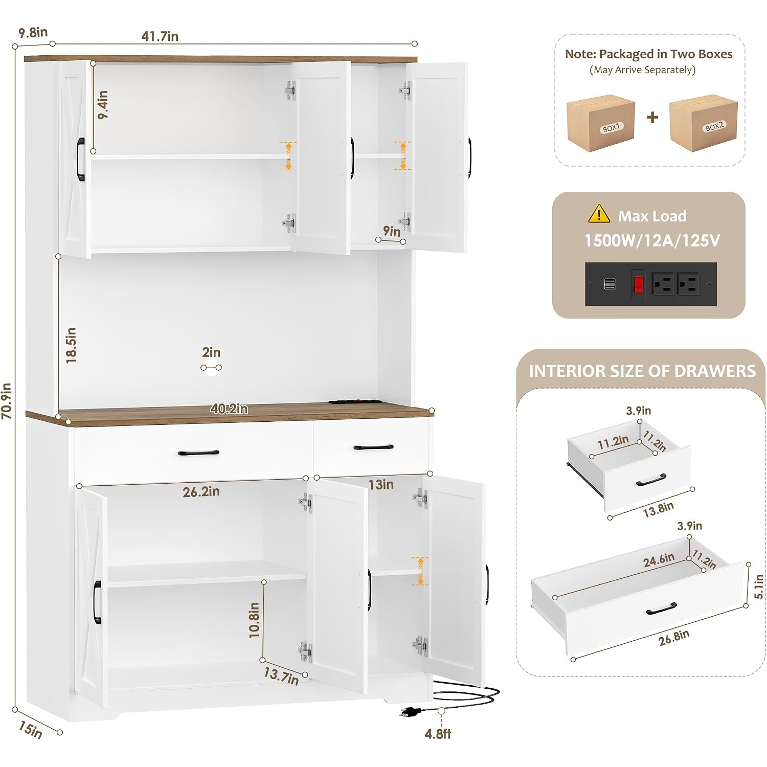 Hostack 71"H Kitchen Pantry Storage Cabinet, Farmhouse Hutch Cabinet, White | Space-Saving Pantry Cabinet With Charging Station & 2 Large Drawers & Adjustable Shelves, Tall Kitchen Hutch For Dining Room