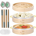 MacaRio Bamboo Steamer Basket Set 10 inch Steamer for Cooking, with Side Handles Chopsticks Ceramic Sauce Dishes Paper Liners, for Dim Sum Dumplings Buns Seafoods Rice Asian Foods