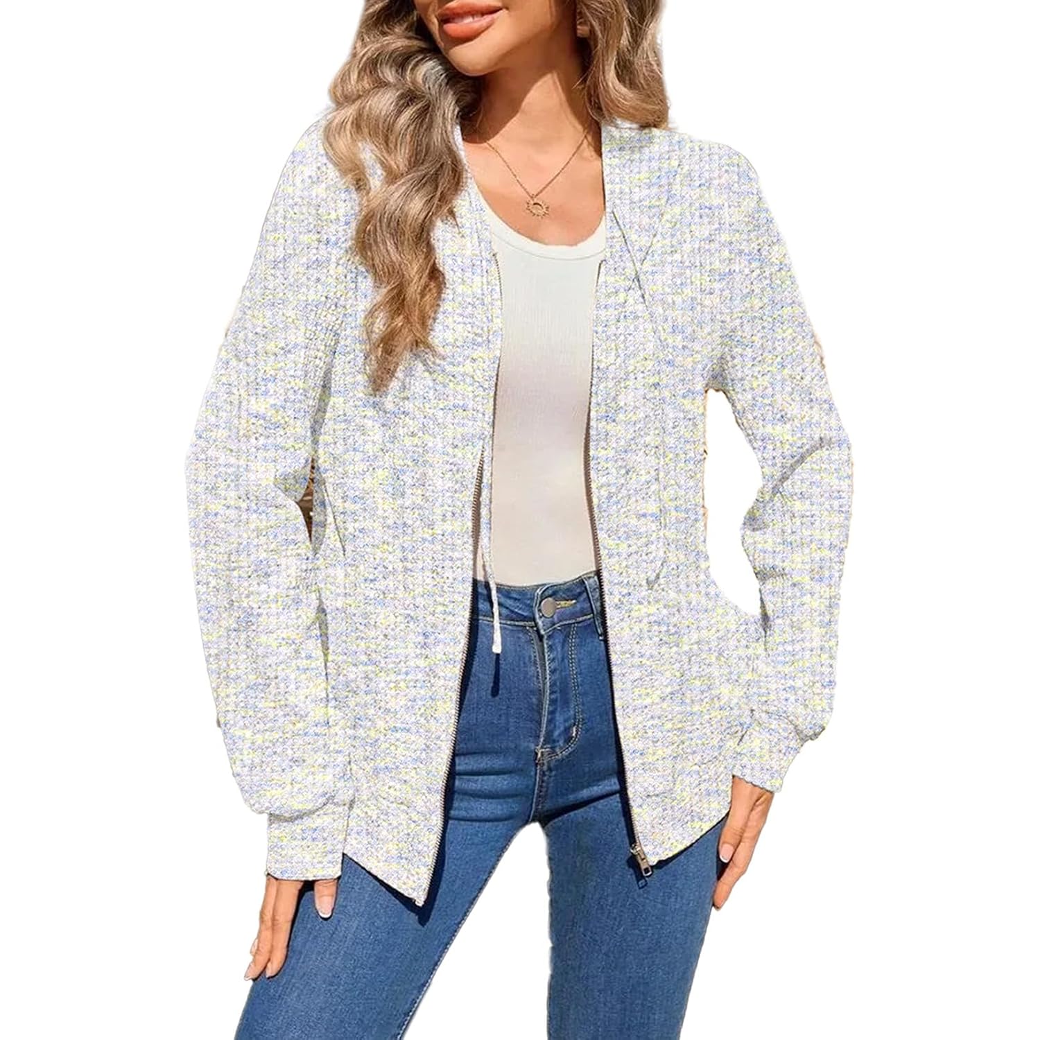 Shewin 2026 Fall Hoodies Waffle Knit Zip Up Sweatshirt Comfy Loose Fit Shakcet