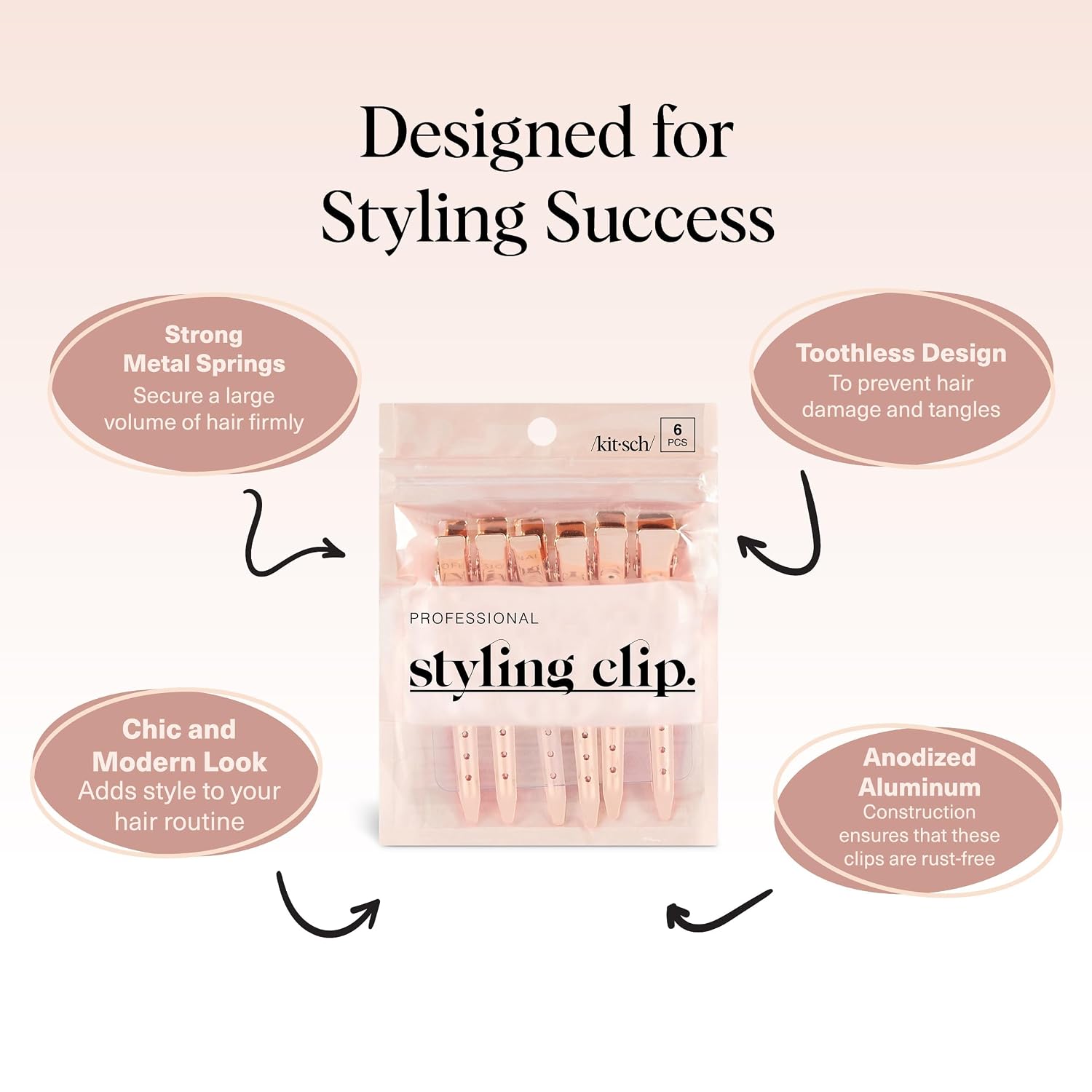 Kitsch Professional Alligator Clips - 3.5" Aluminum Duckbill Hair Clips For Styling | Great For Salon & Makeup Application - Rose Gold, 6 Pcs
