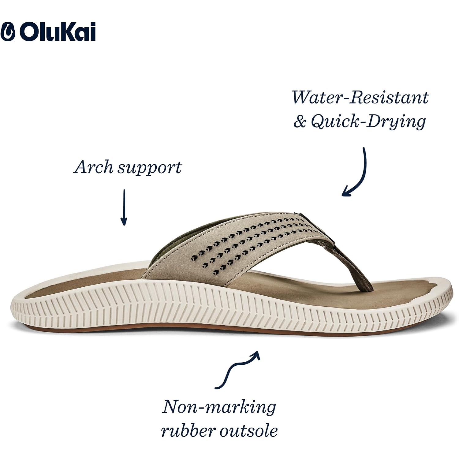 Olukai Ulele Men'S Beach Sandals, Water Resistant Flip Flops, Arch Support & Comfort Fit, Lightweight & Durable, Enhanced Grip & Traction
