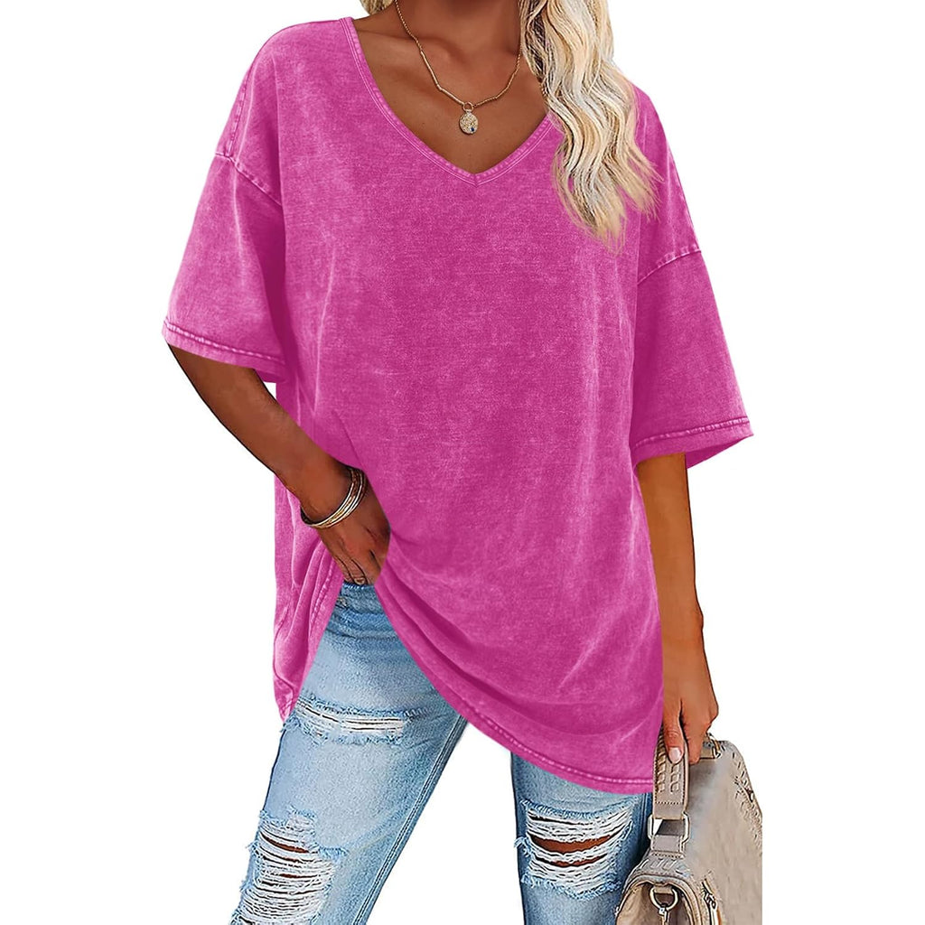 Flowyair Womens Oversized T Shirts Summer Loose Fit Cotton Short Sleeve Basic Tees Casual V Neck Boyfriend Tunic Tops
