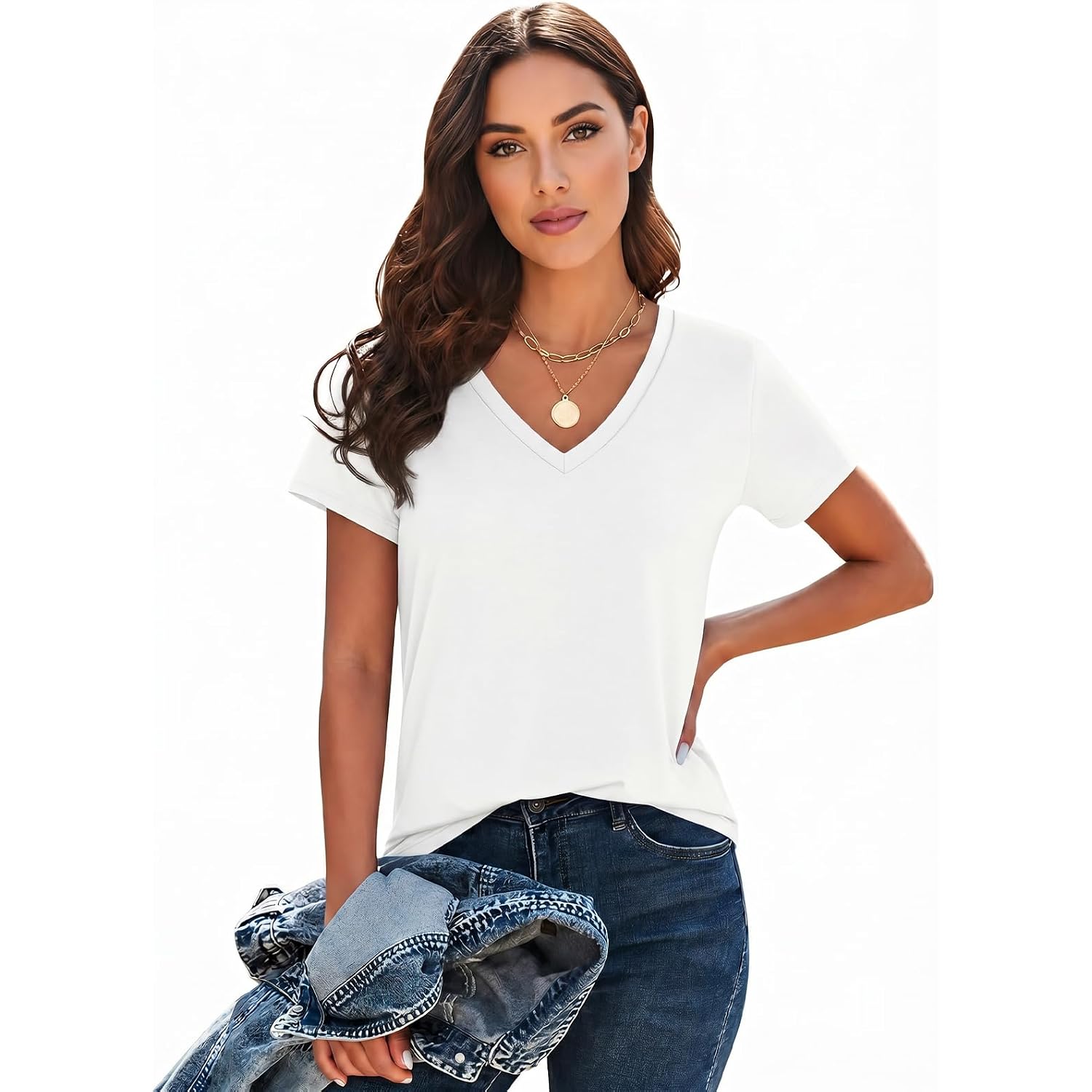 Imily Bela Womens V Neck Short Sleeve T-Shirt Loose Fit Solid Color Basic Tee Lightweight Non-Sheer Summer Tunic Tops