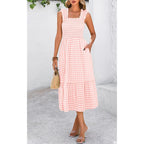 Prettygarden Womens Summer Dress Casual Square Neck Ruffle Strap Gingham Smocked Midi Flowy A Line Beach Vacation Sun Dresses