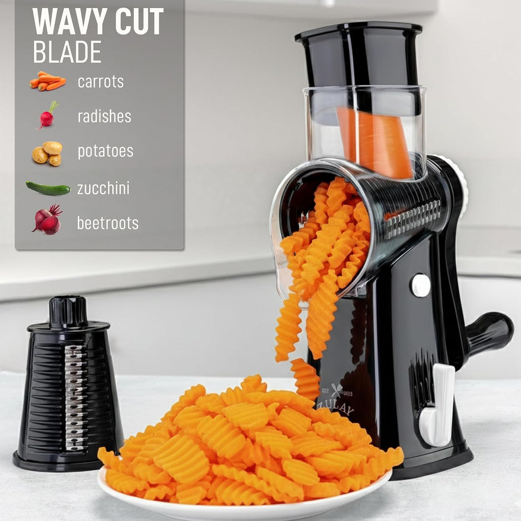 Zulay Kitchen Rotary Cheese Grater 5 Blade Cheese Shredder - Manual Hand Crank Cheese Grater With Reinforced Suction & 5 Interchangeable Drums - Easy To Use, Vegetable Chopper Round Mandoline Slicer