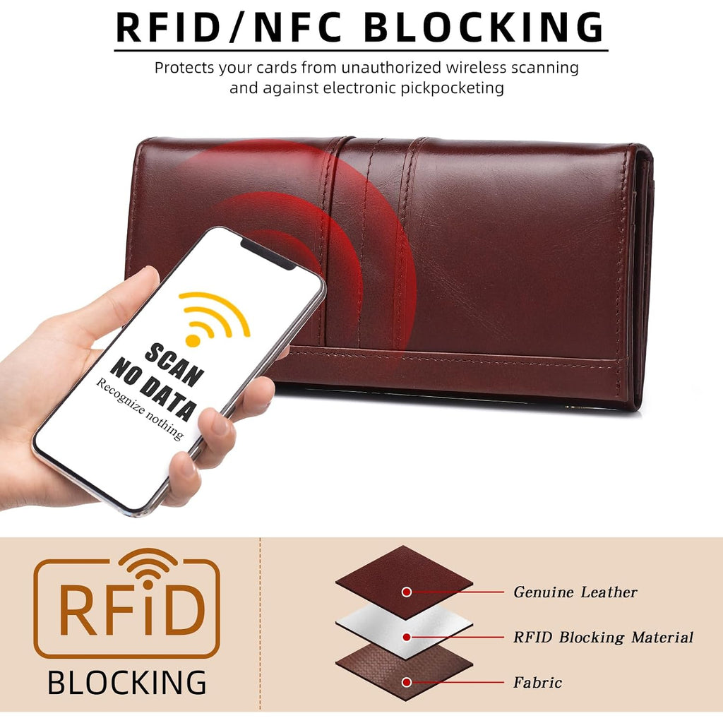 Rfid Blocking Wallets For Women Leather Long Ladies Wallet Bifold Womens Wallet With Coin Pocket Id Window,Coffee