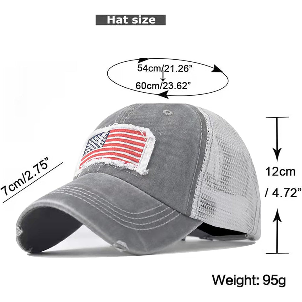 Woman Man Ponytail Baseball Cap - US Flag Breathable Mesh Outdoor Golf Sun Hat for Summer Gray