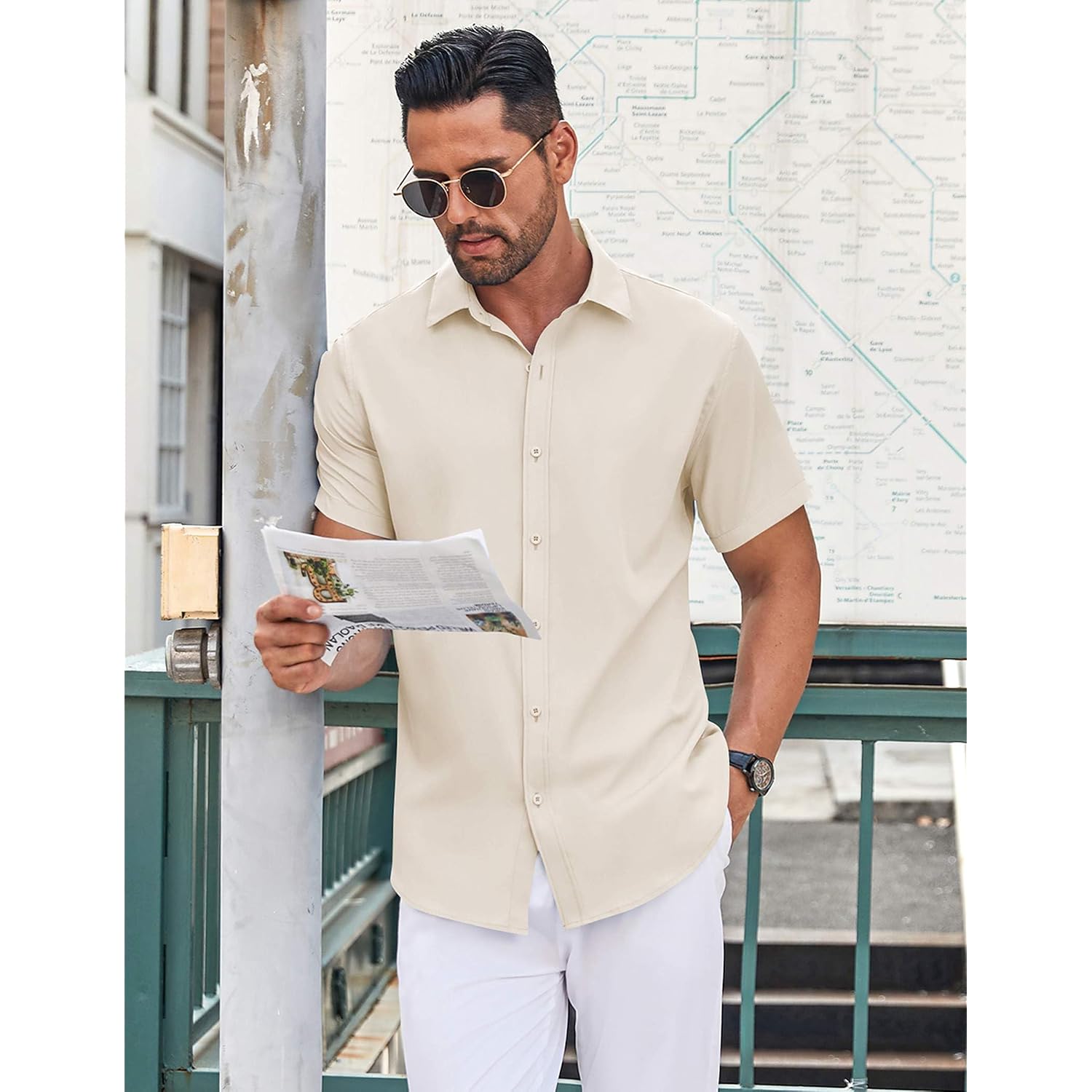 Coofandy Men'S Button Down Shirt Short Sleeve Dress Shirt Casual Beach Summer Wedding Shirt