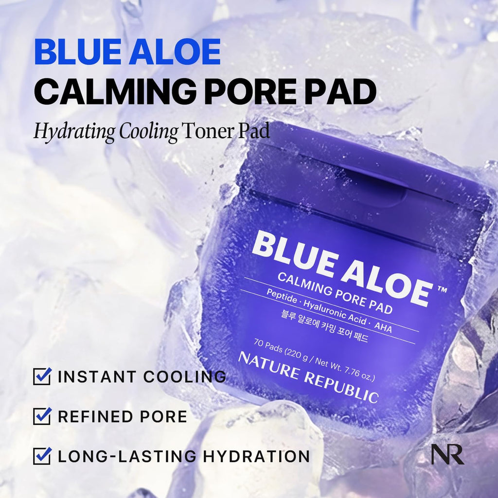 Nature Republic Blue Aloe Calming Pore Pad | Cooling & Soothing Toner Pads, Pore Care, Dual-Texture Facial Pads With Hyaluronic Acids, Peptide, Aha, Korean Skincare (70 Pads)