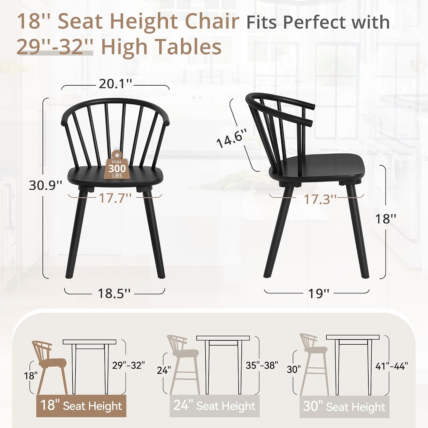 Lue Bona Black Dining Chairs Set Of 4, Farmhouse Wood Dining Chairs With Semicircular Backrest, Spindle Dining Chair For Kitchen And Dining Room, 18 Inch