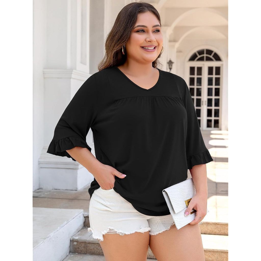 Womens Plus Size Tops 3/4 Sleeve Casual Shirts V Neck Ruffle Loose Fit Tunic Blouse Xl-5X