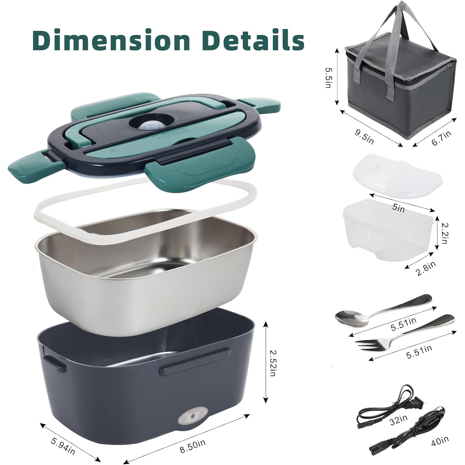 Electric Lunch Box Food Heater, 80W Portable Warmer For Car Truck Work With 304 Stainless Steel Container, 12V/24V/110V Green Heated Lunch Box Suitable For Ideal Driver/Work/Gift